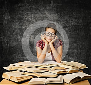 Student Girl in Glasses with Open Books, University Education