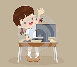 Student girl learning computer hand up