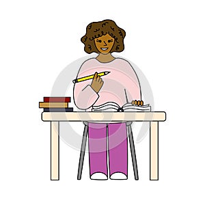 Student girl with pencil learning behind table, education or back to school, doodle style vector