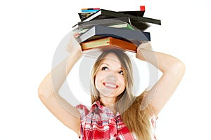 Student girl with pile of book on her head