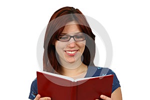 Student girl reading a book isolated