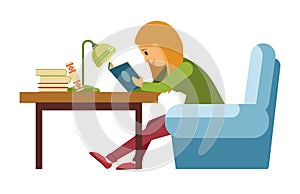 Student girl reading book in library sitting on chair bookshop vector flat