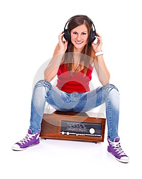 Student girl on retro radio