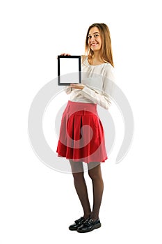 Student girl showing screen tablet pc