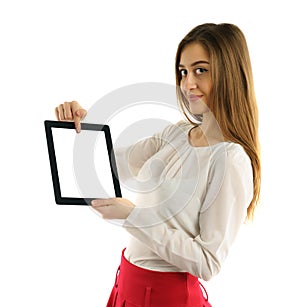 Student girl showing screen tablet pc