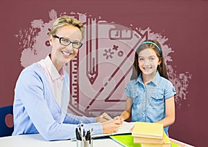 Student girl and teacher at table against red blackboard with education and school graphic