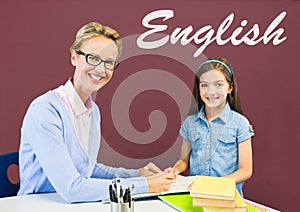 Student girl and teacher at table against red blackboard with English text