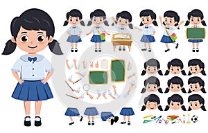 Student girl in uniform character creation, kit vector set. pre-school, student in uniform editable.