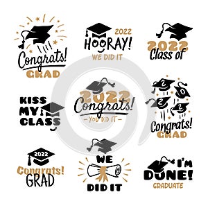 Student graduate badges. College graduation quotes, congratulations school symbols. Congrats invitations, university