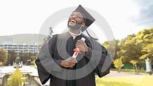 Student graduation, black man and thinking of success, achievement or goals at outdoor college event. Happy graduate