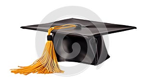 Student graduation cap hat with gold tassle isolated on white or transparent background cutout. photo