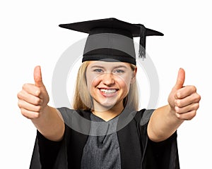 Student In Graduation Gown Gesturing Thumbs Up