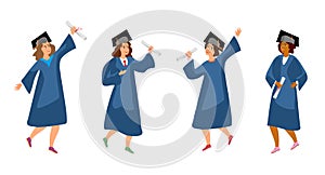 Student graduation set vector illustration. University female and male students graduate people isolated on white