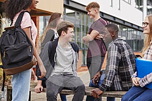 Student Group Socializing Outside College Buildings