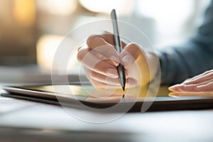 Student Hand Using Electronic Pen with Tablet for E-learning