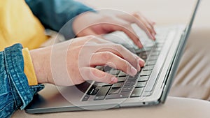 Student, hands typing and computer for online education, university research and information or registration. Man on