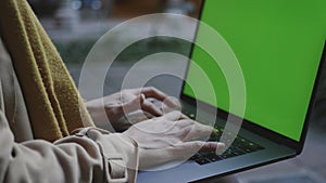 Student hands typing laptop keyboard outdoors. Businesswoman working on laptop