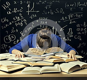 Student Hard Study, Tired Bored Woman Read Books over Blackboard