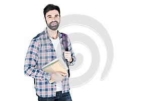 Student holding copybooks isolated on white wth copy space