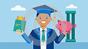 A student holding a diploma with a piggy bank in their other hand representing the longterm benefits of having an