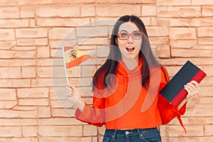 Student Holding Flag and Book Learning Foreign Language