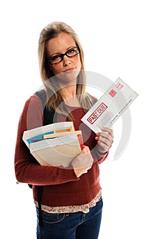 Student Holding Past Due Envelope