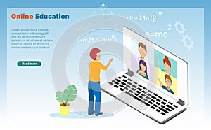 Student at home online studying with school friends via video, web conferance application on computer photo
