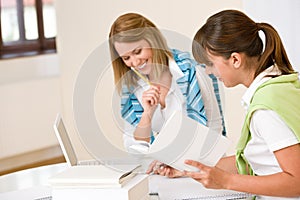 Student at home - two woman with book and laptop