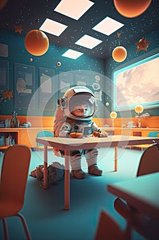 Student kind in a classroom is experiencing Space Gravity and experience of Astronaut for imagination and knowledge, Generative AI