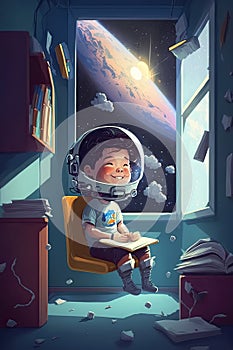Student kind in a classroom is experiencing Space Gravity and experience of Astronaut for imagination and knowledge, Generative AI