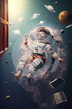 Student kind in a classroom is experiencing Space Gravity and experience of Astronaut for imagination and knowledge, Generative AI