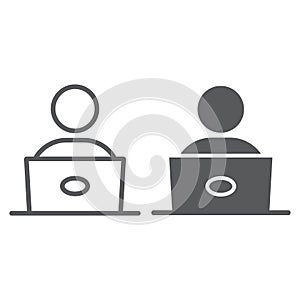 Student with laptop line and glyph icon, education and school, male worker sign vector graphics, a linear icon on a