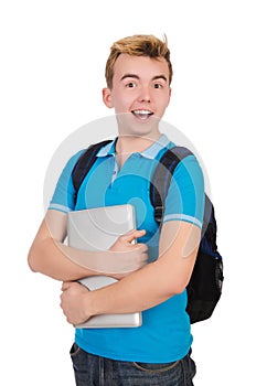Student with laptop on white