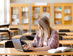 Student with laptop working in library