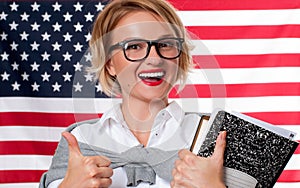 Student is learning English as a foreign language on American flag background