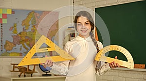 Student learning geometry. Kid school uniform. Share quality educational content. STEM concept. Draw geometric figures