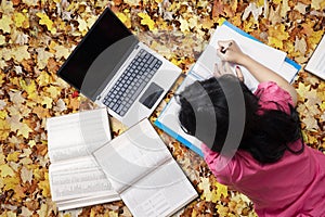 Student learns with laptop on autumn leaves