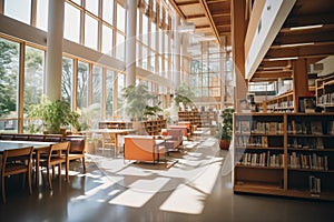 Student library interior with large bright floor-to-ceiling windows, bookshelves and sunlight through the window