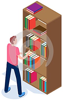 Student in library vector illustration. Guy pulls out book from bookshelf. Man chooses magazine