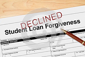 Student Loan Forgiveness application declined with pen