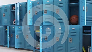 Student lockers at school. School lockers with open doors and student equipment for education