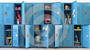 Student lockers at school. School lockers with open doors and student equipment, items and accessories for education and sport