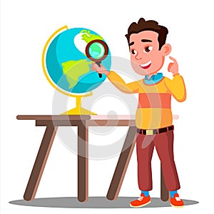 Student Looking Through A Magnifying Glass Globe, Geography Lesson Vector. Isolated Illustration
