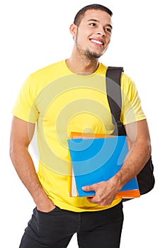 Student looking up look ad advert smiling happy young man people isolated on white