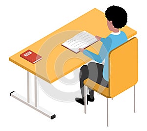 Student male character in library reading book sitting at table, man in bookshop vector flat design