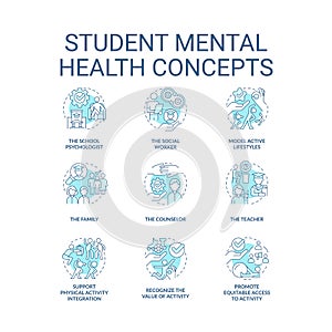 Student mental health turquoise concept icons set