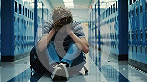 Student Overwhelmed in School Hallway. AI generated