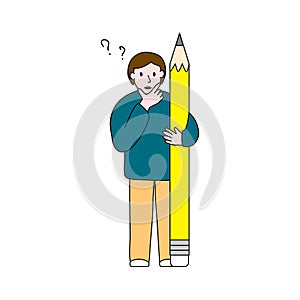 Student with pencil thinking about solving a problem, education, back to school, doodle style vector