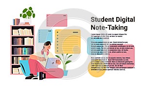 student with pencil using laptop to take digital notes online education e-learning concept horizontal