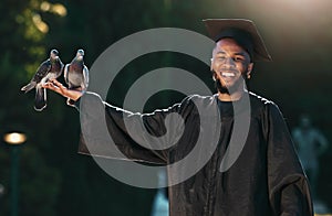 Student portrait, graduate and pigeon with a smile, hat and cloak for graduation, celebration and achievement outdoor in